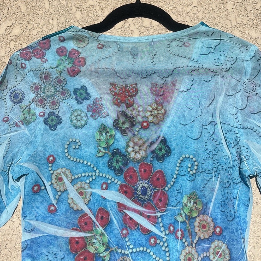 Design Works Top Beaded Sequins Fairy V-neck Blue Sheer Silky Size Medium - Picture 8 of 11